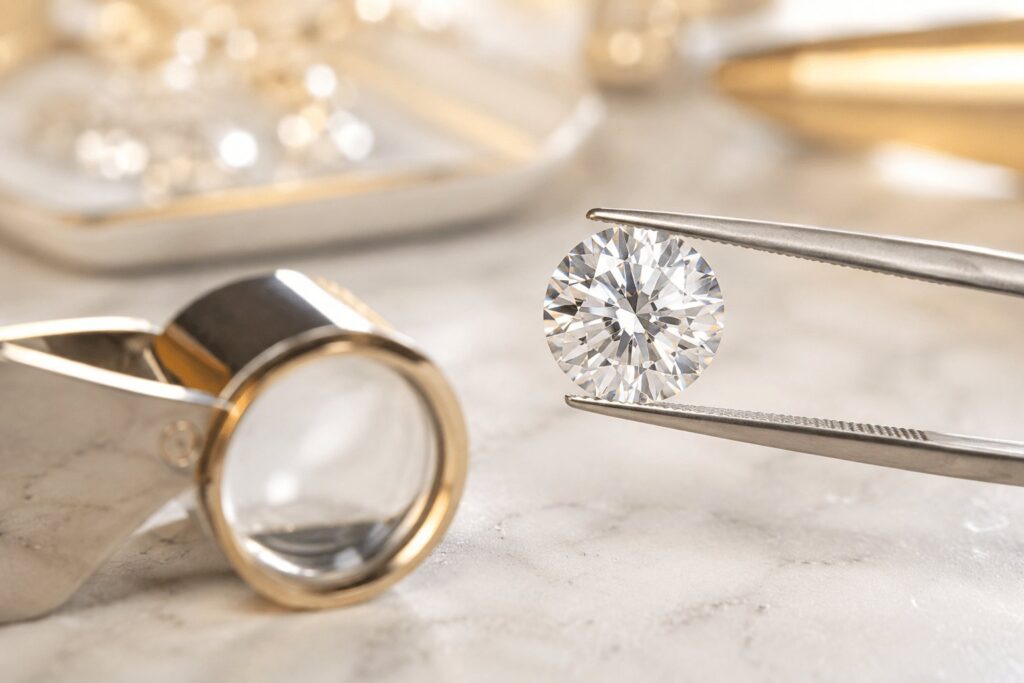 Brillant in Diamantpinzette neben Juwelierlupe – die 4 C