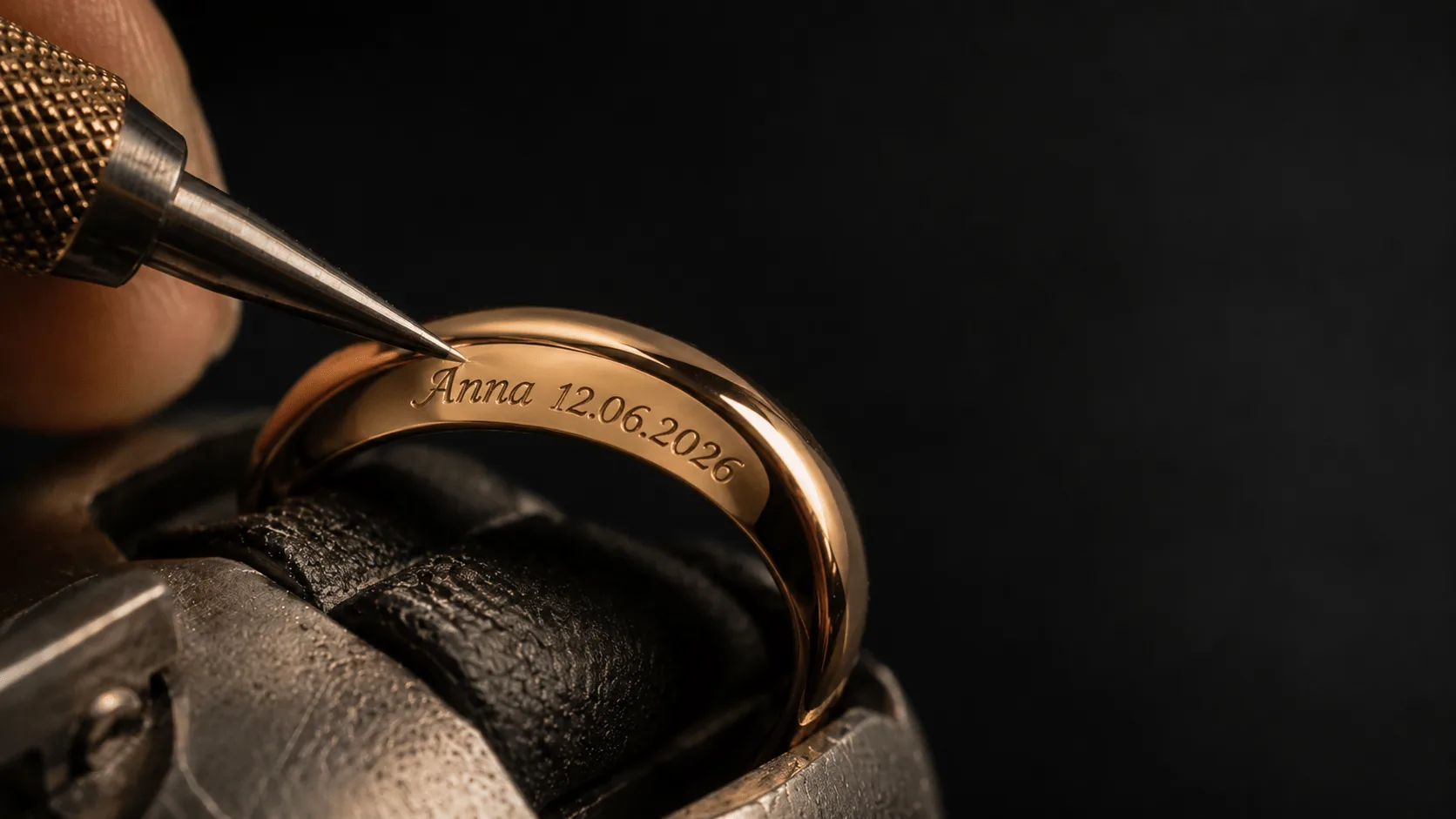 Diamantgravur eines Goldrings mit Innengravur bei Juwelier Feinschliff in Kassel