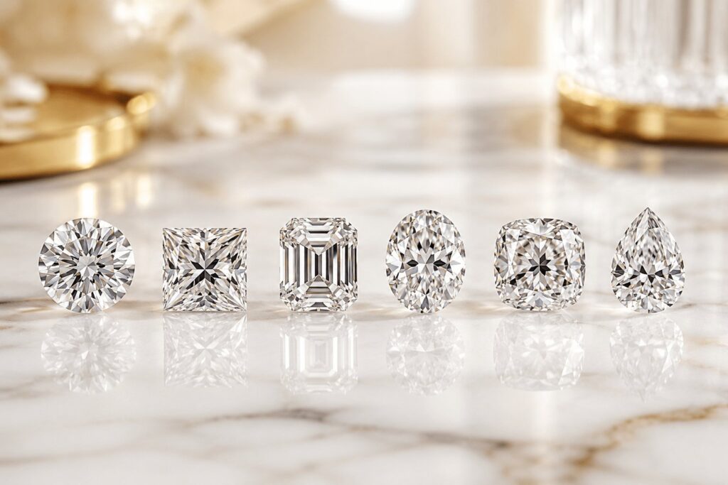 Sechs Diamantschliffe im Vergleich: Brillant, Princess, Emerald, Oval, Cushion und Tropfen