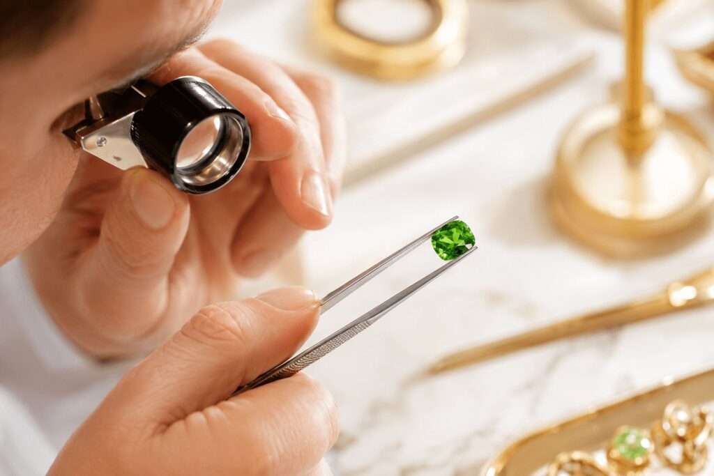 Gemmologe prüft einen Edelstein mit Juwelierlupe und Pinzette