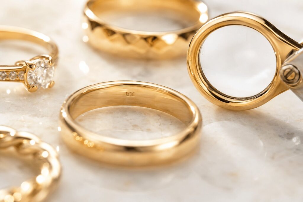 Goldringe mit Feingehalts-Punze und Juwelierlupe