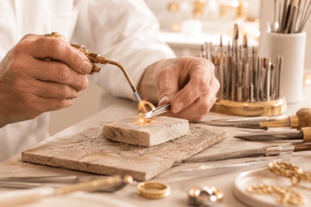 Goldschmied arbeitet mit der Lötflamme an einem Goldring