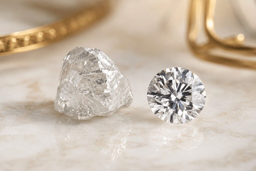 Rohdiamant neben geschliffenem Brillant im direkten Vergleich