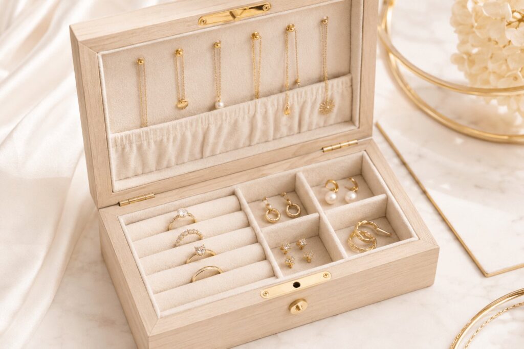 Geöffneter Schmuckkasten mit Ringen, Ketten und Ohrringen