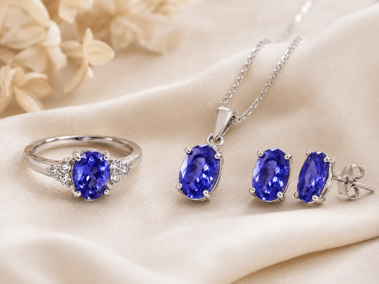 Tansanit-Schmuckset aus Weißgold: Ring, Anhänger und Ohrstecker