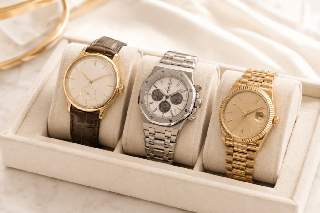 Drei elegante Armbanduhren auf cremefarbenen Samtträgern